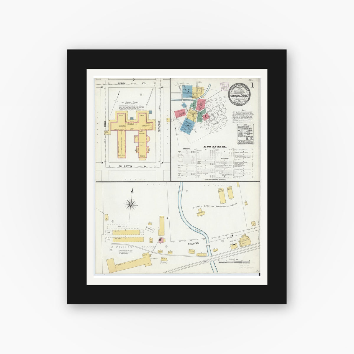 Old map wall art mockup — black gallery frame with white mat — Sanborn Fire Insurance Map from Cambridge Springs, Crawford County, Pennsylvania (1904) - Complete Map Set