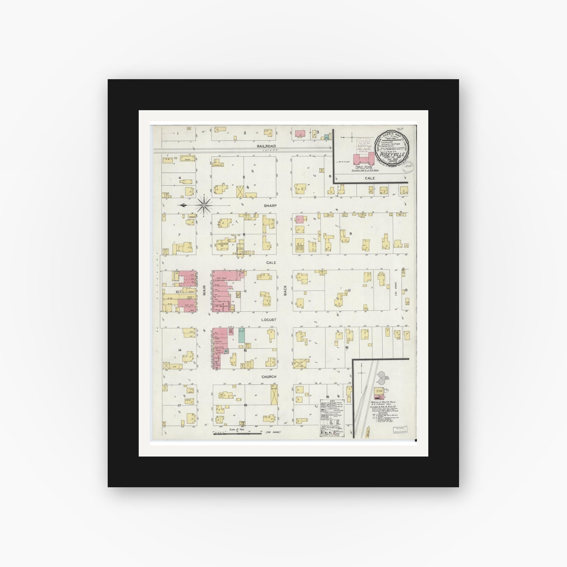 Old map wall art mockup — black gallery frame with white mat — Sanborn Fire Insurance Map from Poseyville, Posey County, Indiana (1900), Sheet #0001