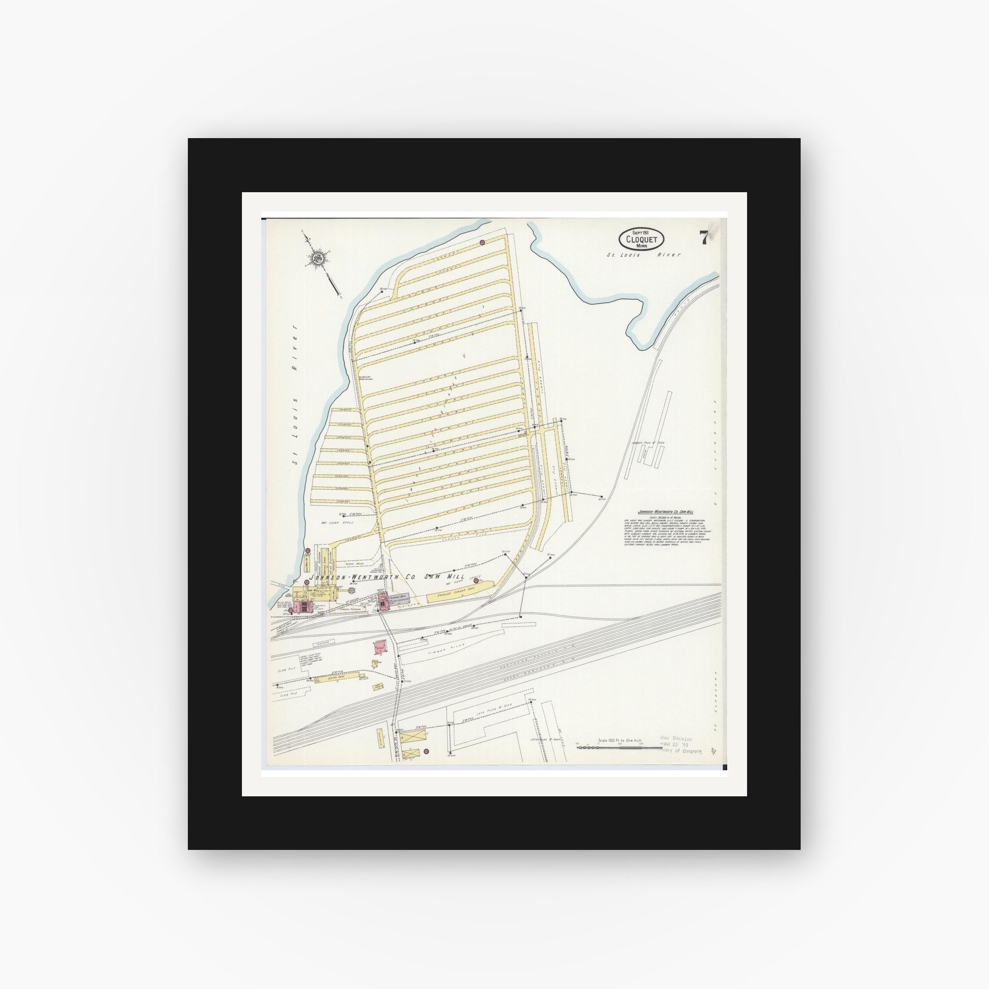 Old map wall art mockup — black gallery frame with white mat — Sanborn Fire Insurance Map from Cloquet, Carlton County, Minnesota (1911), Sheet #0007