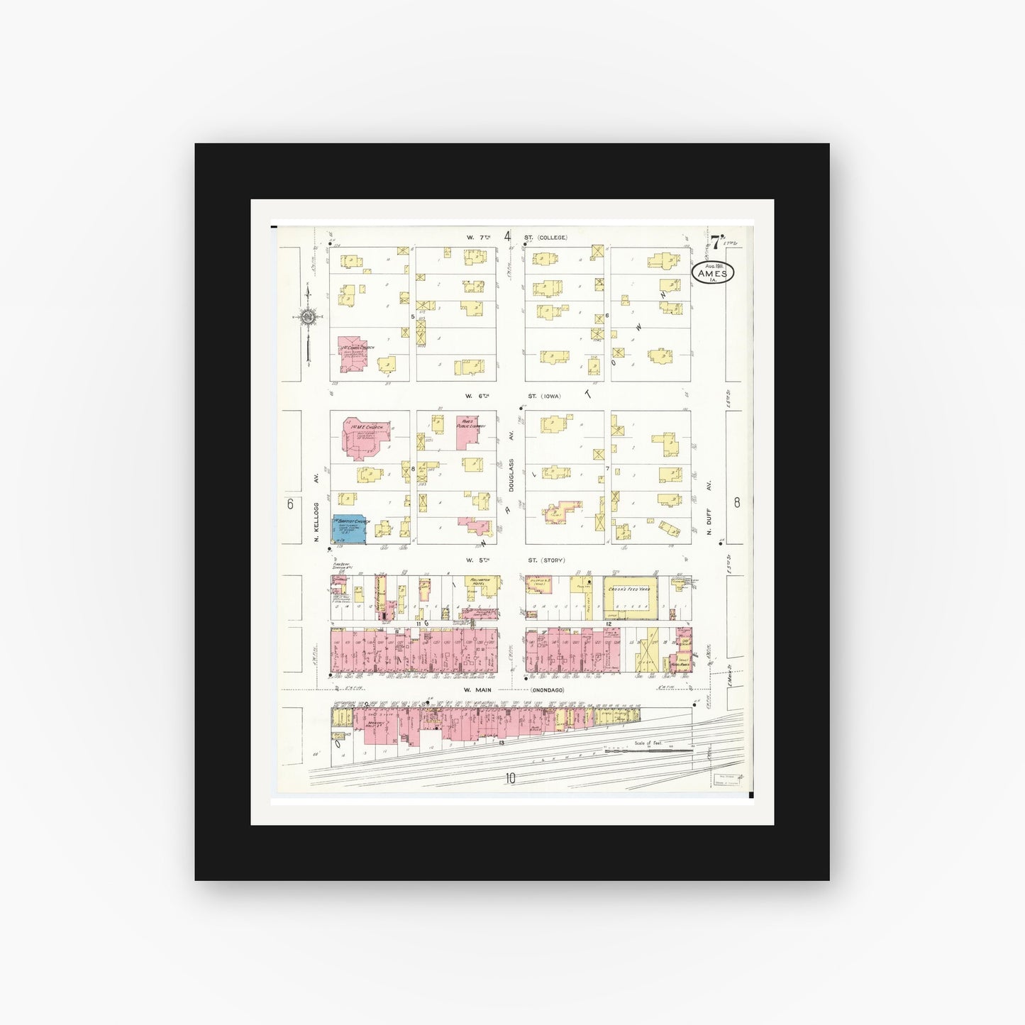Old map wall art mockup — black gallery frame with white mat — Sanborn Fire Insurance Map from Ames, Story County, Iowa (1911), Sheet #0007