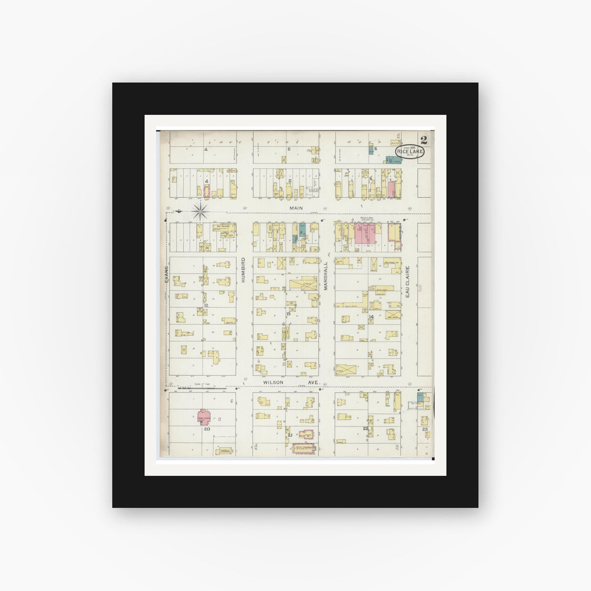 Old map wall art mockup — black gallery frame with white mat — Sanborn Fire Insurance Map from Rice Lake, Barron County, Wisconsin (1893), Sheet #0002