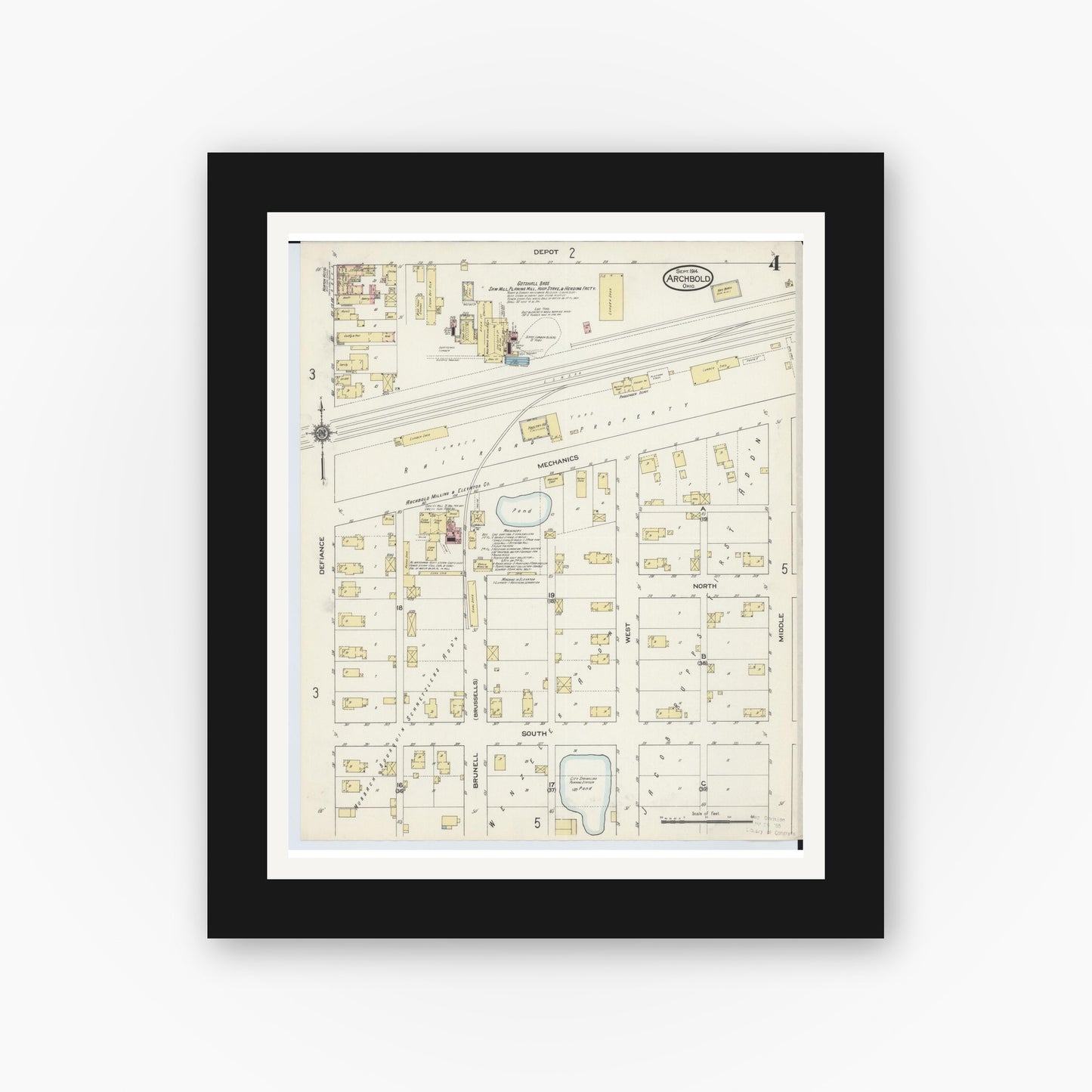 Old map wall art mockup — black gallery frame with white mat — Sanborn Fire Insurance Map from Archbold, Fulton County, Ohio (1914), Sheet #0004