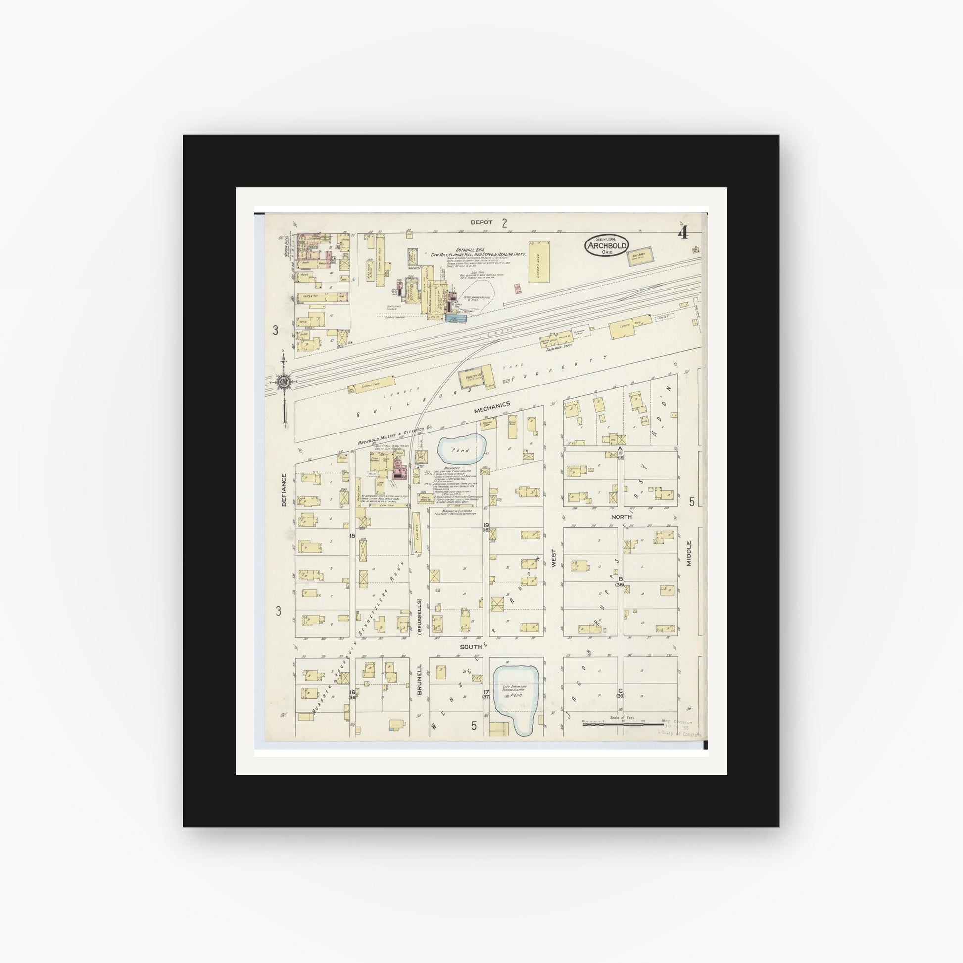 Old map wall art mockup — black gallery frame with white mat — Sanborn Fire Insurance Map from Archbold, Fulton County, Ohio (1914), Sheet #0004
