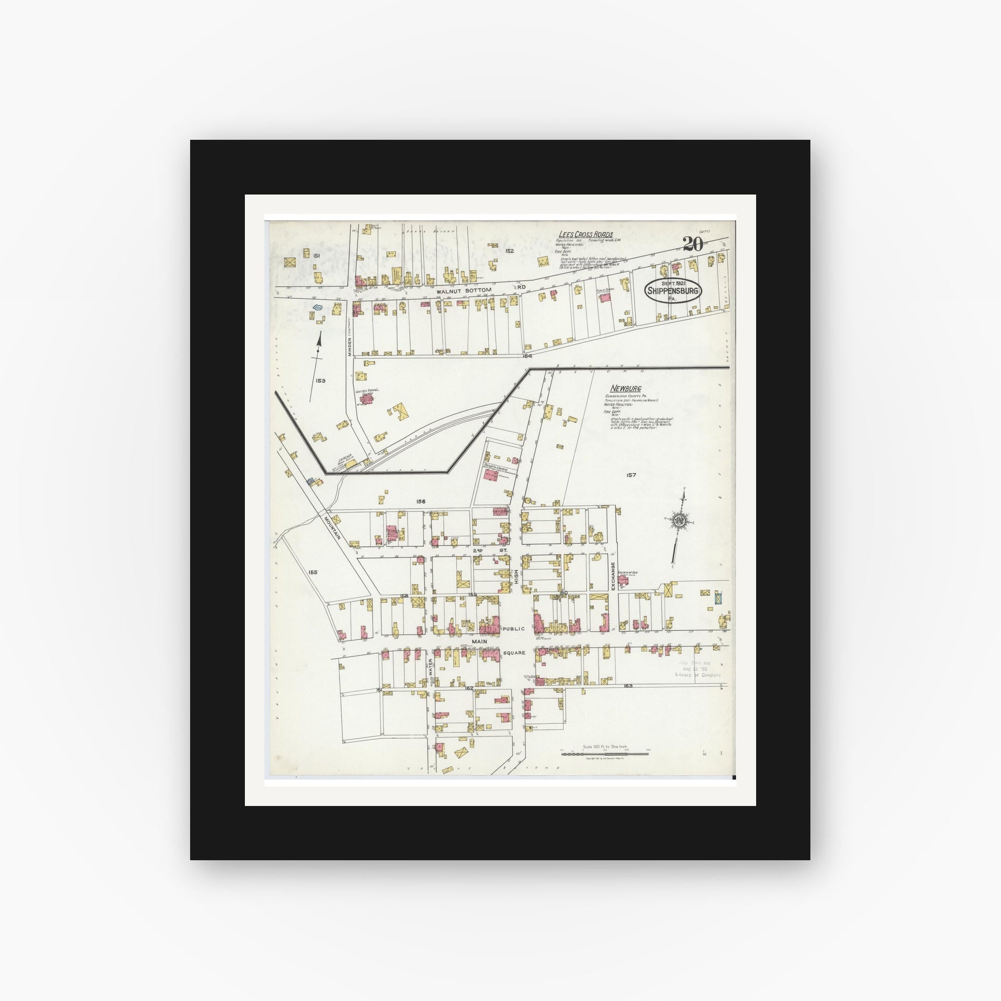 Old map wall art mockup — black gallery frame with white mat — Sanborn Fire Insurance Map from Shippensburg, Cumberland And Franklin Counties, Pennsylvania (1921), Sheet #0020