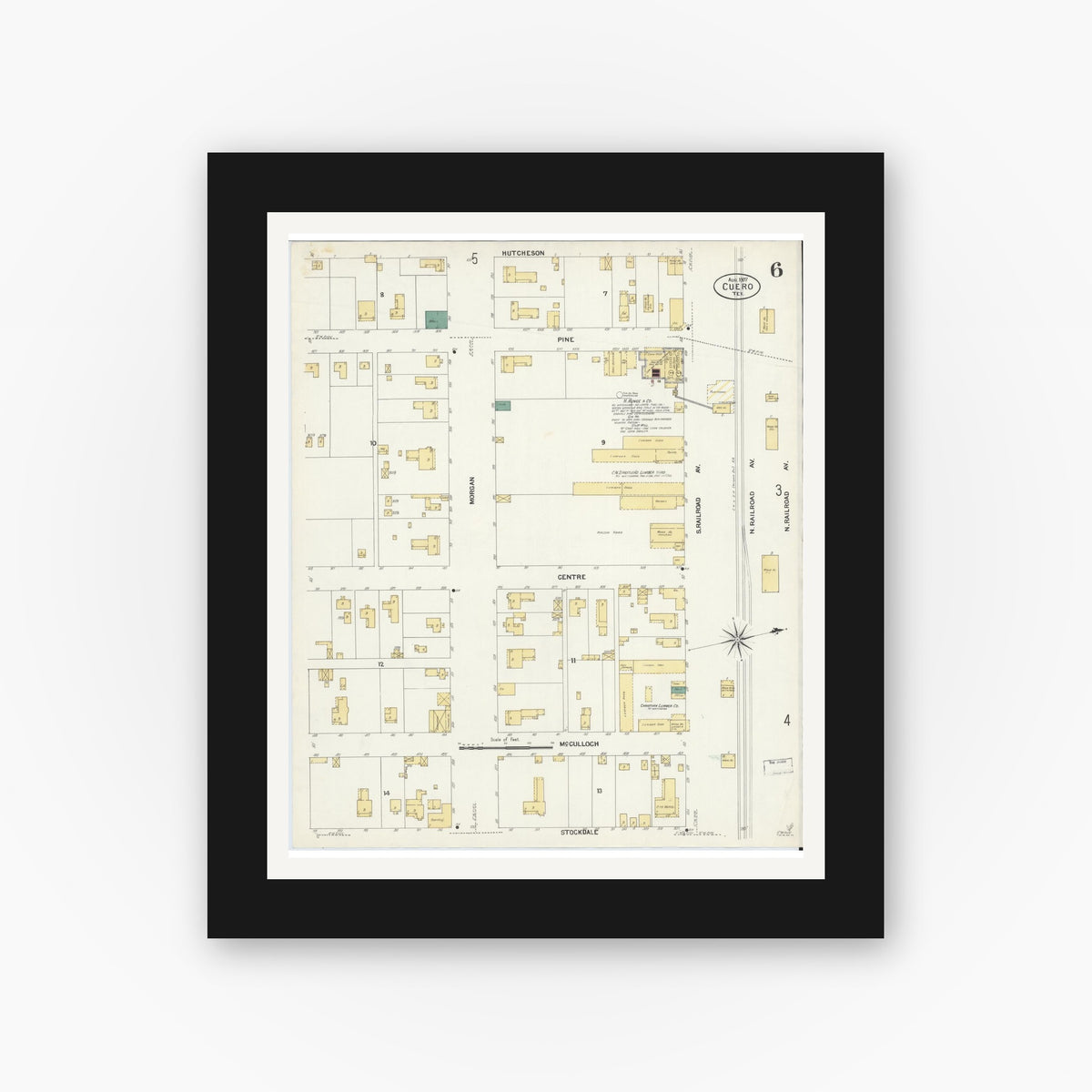 Old map wall art mockup — black gallery frame with white mat — Sanborn Fire Insurance Map from Cuero, De Witt County, Texas (1907), Sheet #0006