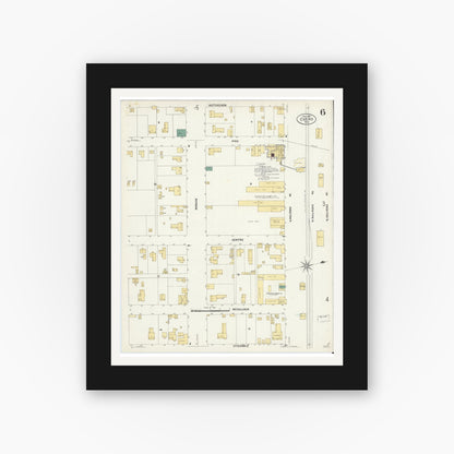 Old map wall art mockup — black gallery frame with white mat — Sanborn Fire Insurance Map from Cuero, De Witt County, Texas (1907), Sheet #0006