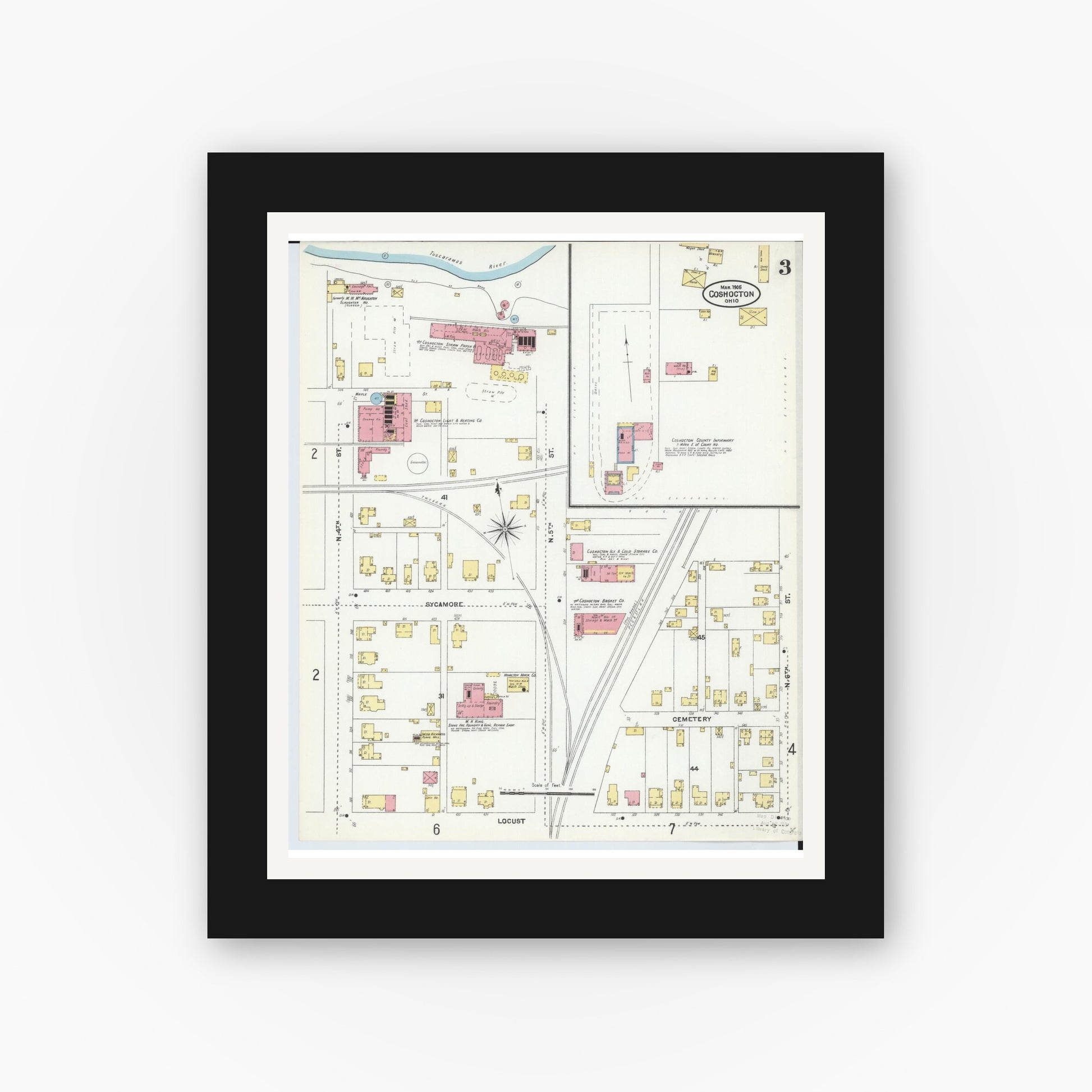 Old map wall art mockup — black gallery frame with white mat — Sanborn Fire Insurance Map from Coshocton, Coshocton County, Ohio (1905), Sheet #0003