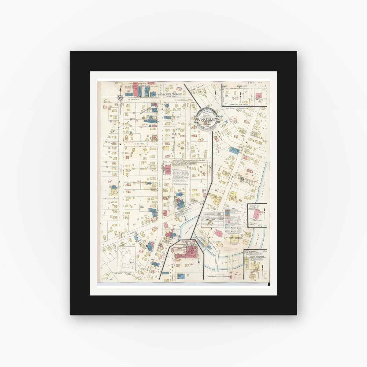 Old map wall art mockup — black gallery frame with white mat — Sanborn Fire Insurance Map from Frankenmuth, Saginaw County, Michigan (1942), Sheet #0001