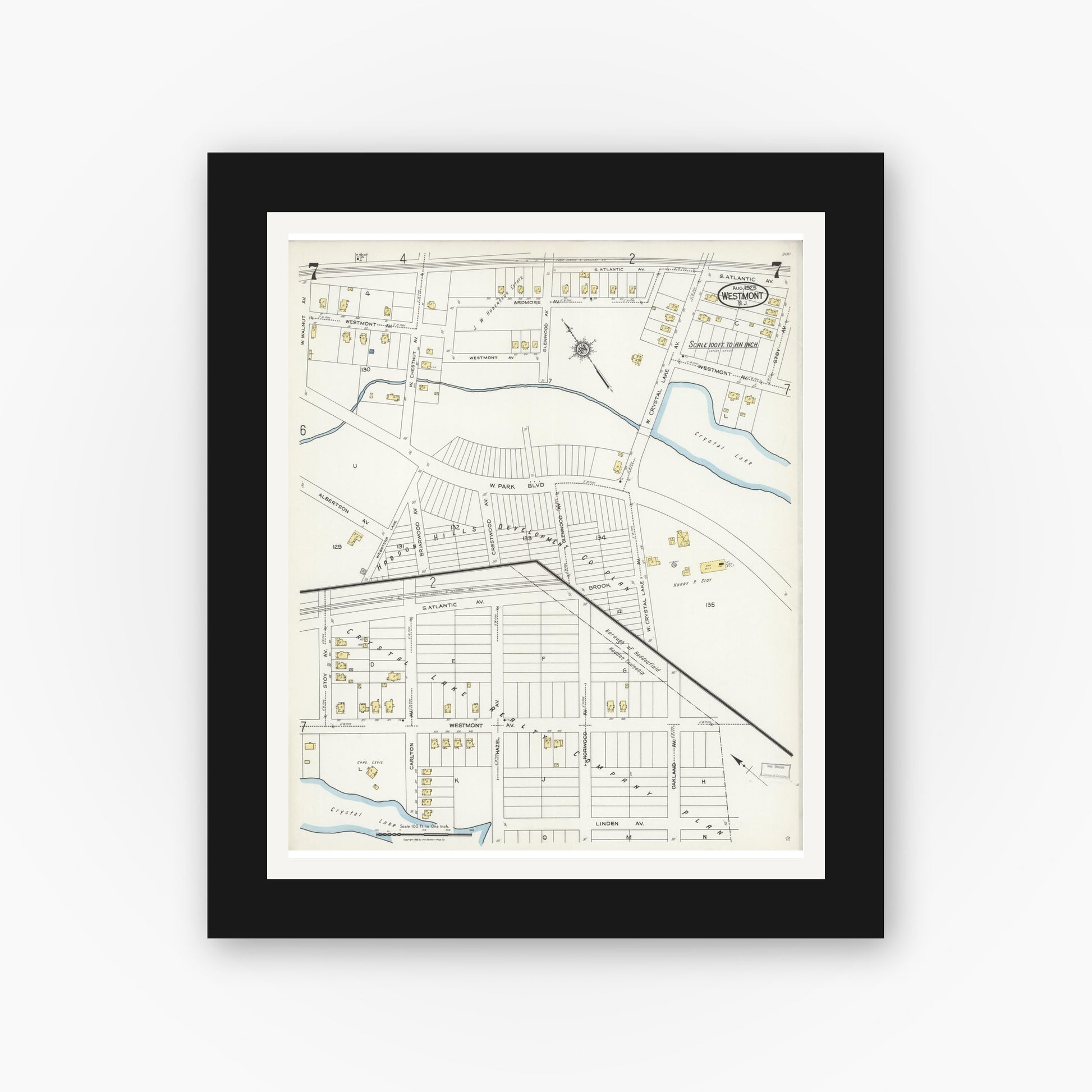 Old map wall art mockup — black gallery frame with white mat — Sanborn Fire Insurance Map from Westmont, Camden County, New Jersey (1925), Sheet #0007