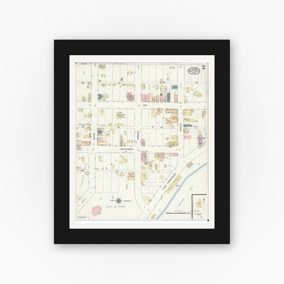 Old map wall art mockup — black gallery frame with white mat — Sanborn Fire Insurance Map from Buffalo, Wright County, Minnesota (1909), Sheet #0002
