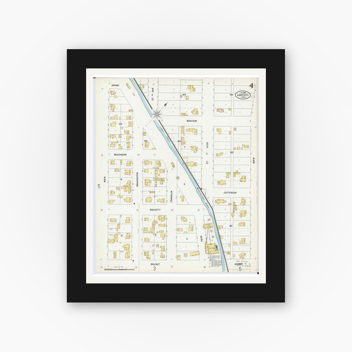 Old map wall art mockup — black gallery frame with white mat — Sanborn Fire Insurance Map from Lake City, Wabasha County, Minnesota (1900), Sheet #0004
