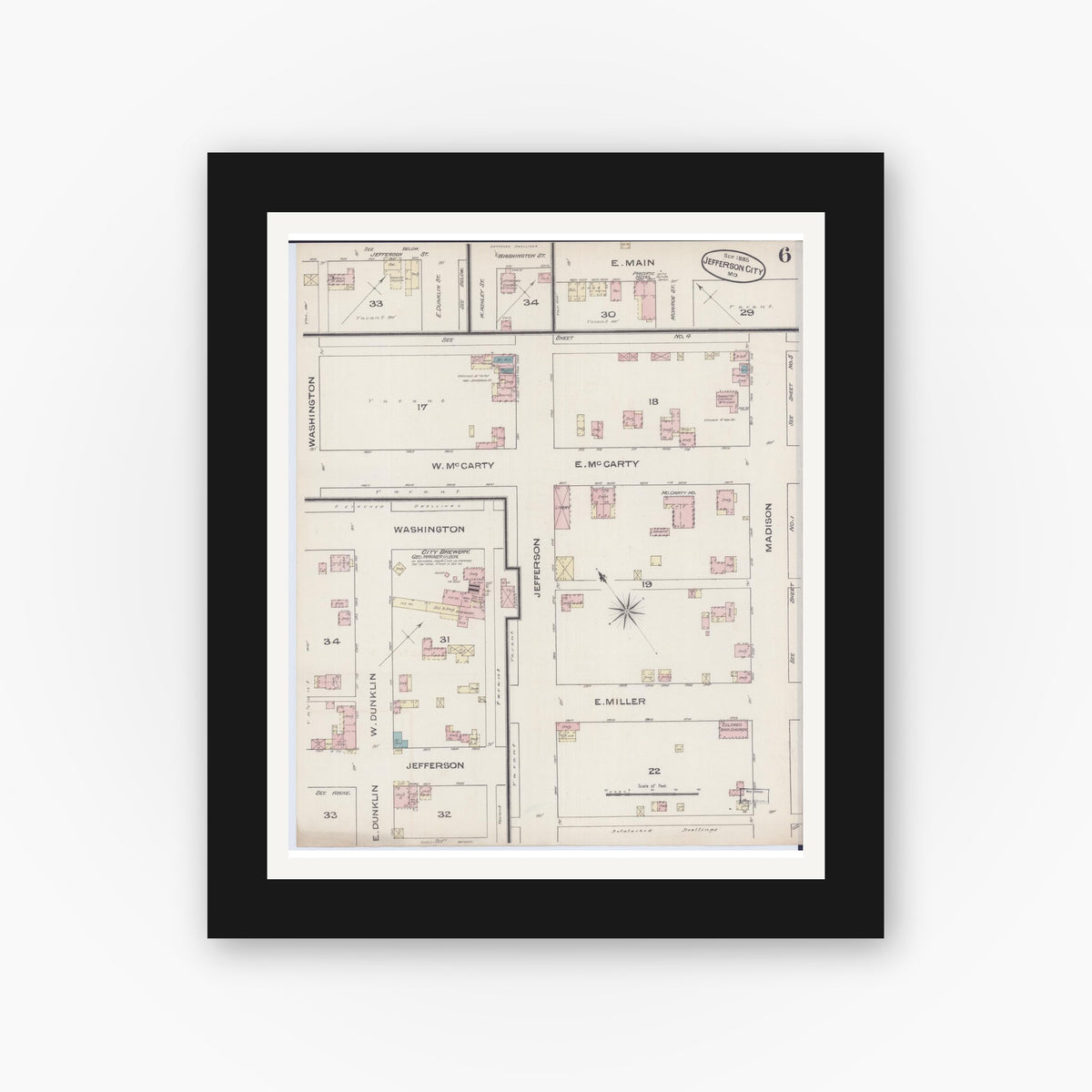 Old map wall art mockup — black gallery frame with white mat — Sanborn Fire Insurance Map from Jefferson City, Cole County, Missouri (1885), Sheet #0006