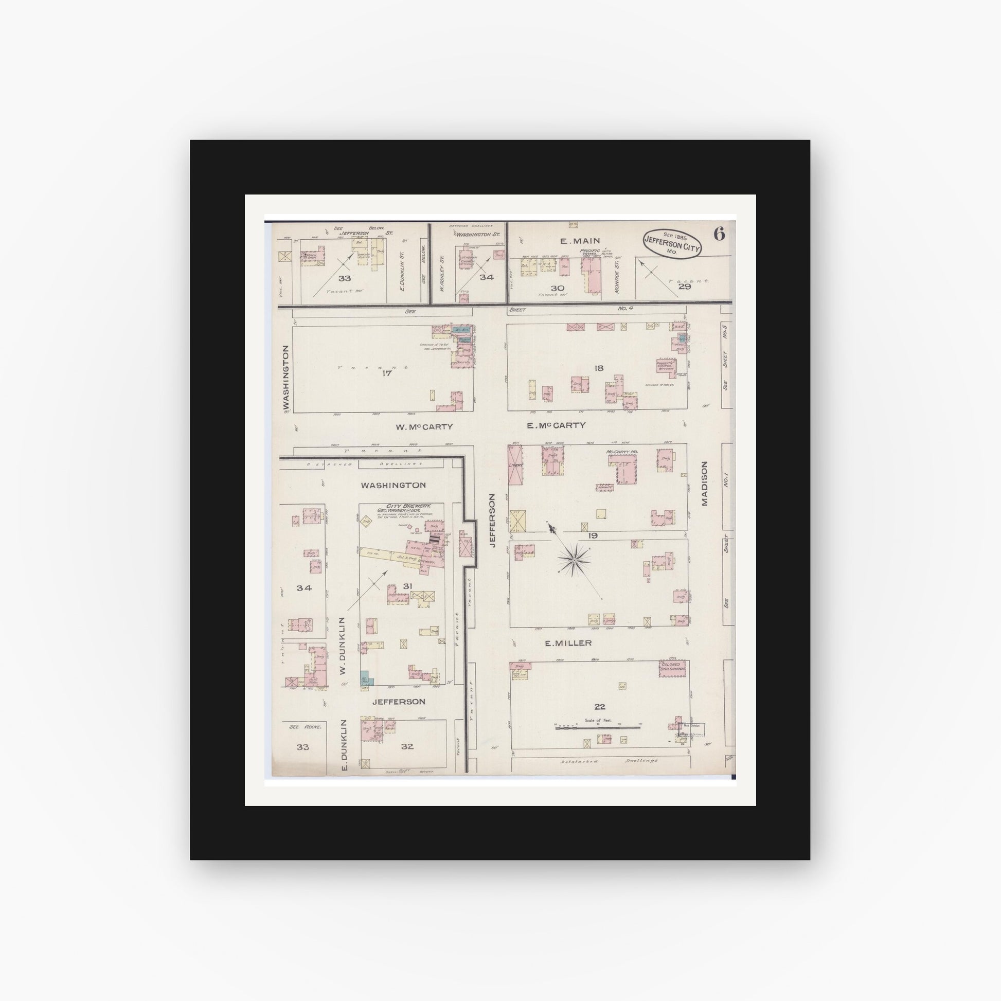 Old map wall art mockup — black gallery frame with white mat — Sanborn Fire Insurance Map from Jefferson City, Cole County, Missouri (1885), Sheet #0006