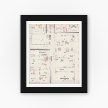 Old map wall art mockup — black gallery frame with white mat — Sanborn Fire Insurance Map from Jefferson City, Cole County, Missouri (1885), Sheet #0006