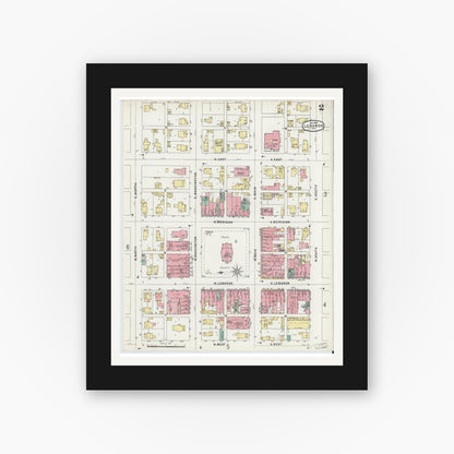 Old map wall art mockup — black gallery frame with white mat — Sanborn Fire Insurance Map from Lebanon, Boone County, Indiana (1896), Sheet #0002