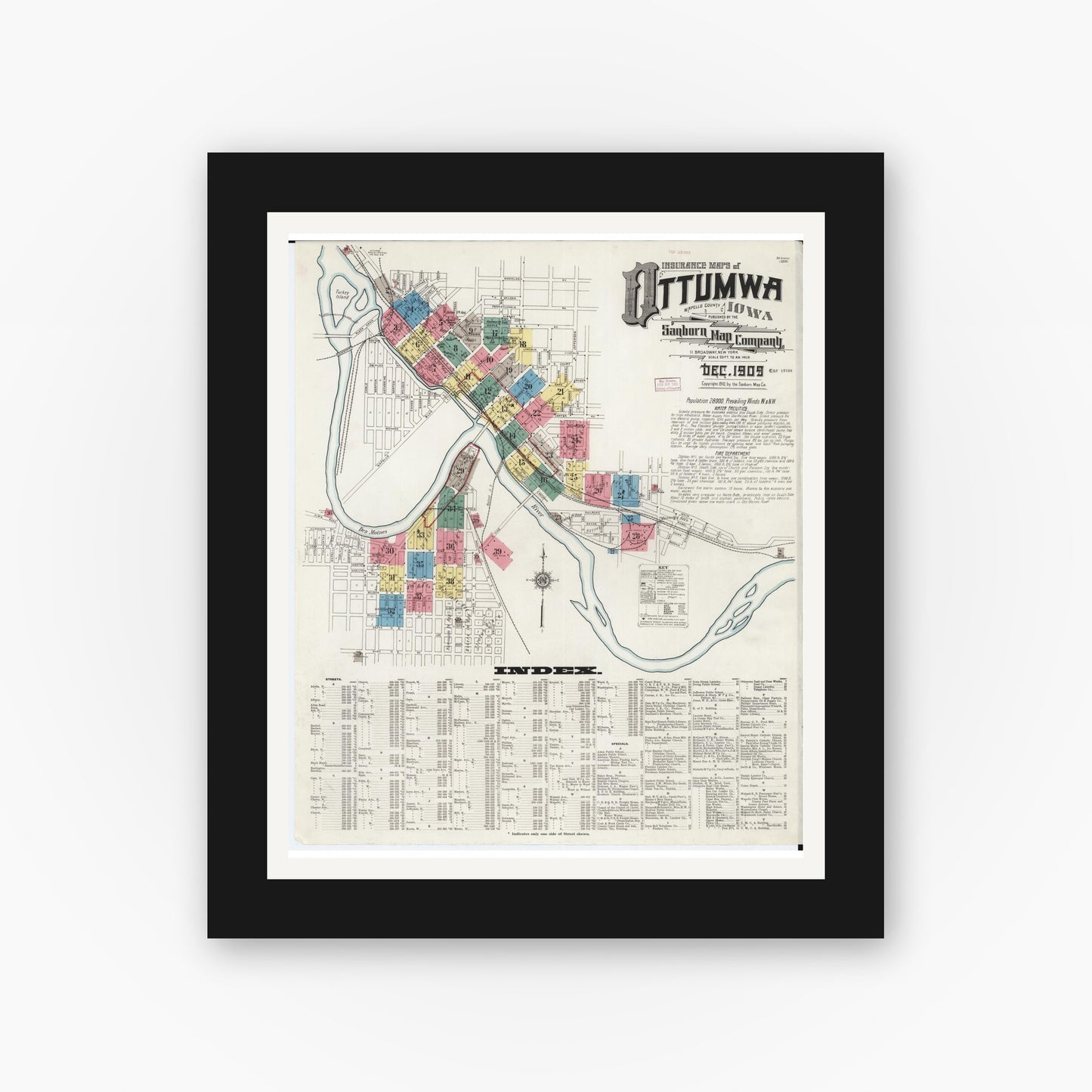 Old map wall art mockup — black gallery frame with white mat — Sanborn Fire Insurance Map from Ottumwa, Wapello County, Iowa (1909), Sheet #0001