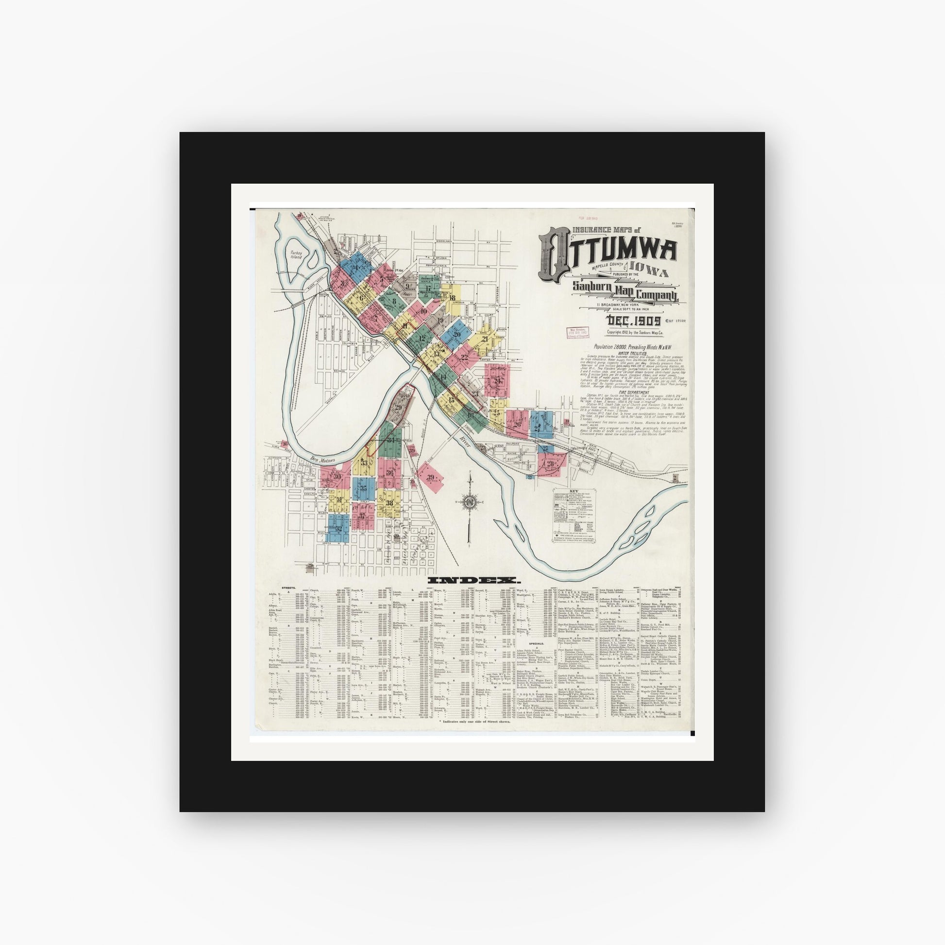Old map wall art mockup — black gallery frame with white mat — Sanborn Fire Insurance Map from Ottumwa, Wapello County, Iowa (1909), Sheet #0001