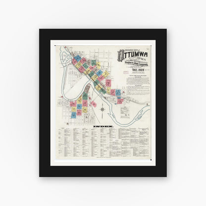 Old map wall art mockup — black gallery frame with white mat — Sanborn Fire Insurance Map from Ottumwa, Wapello County, Iowa (1909), Sheet #0001