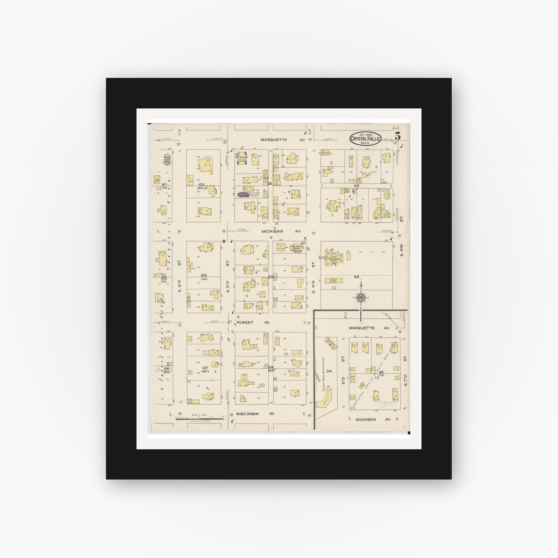 Old map wall art mockup — black gallery frame with white mat — Sanborn Fire Insurance Map from Crystal Falls, Iron County, Michigan (1922), Sheet #0005