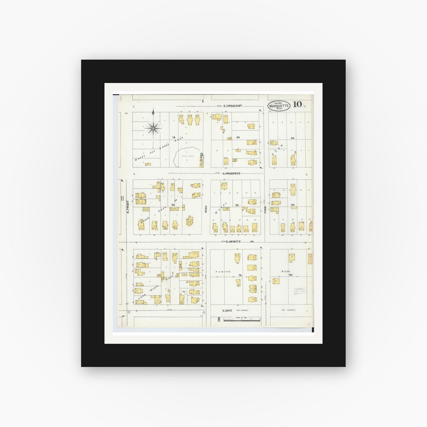 Old map wall art mockup — black gallery frame with white mat — Sanborn Fire Insurance Map from Marquette, Marquette County, Michigan (1904), Sheet #0010