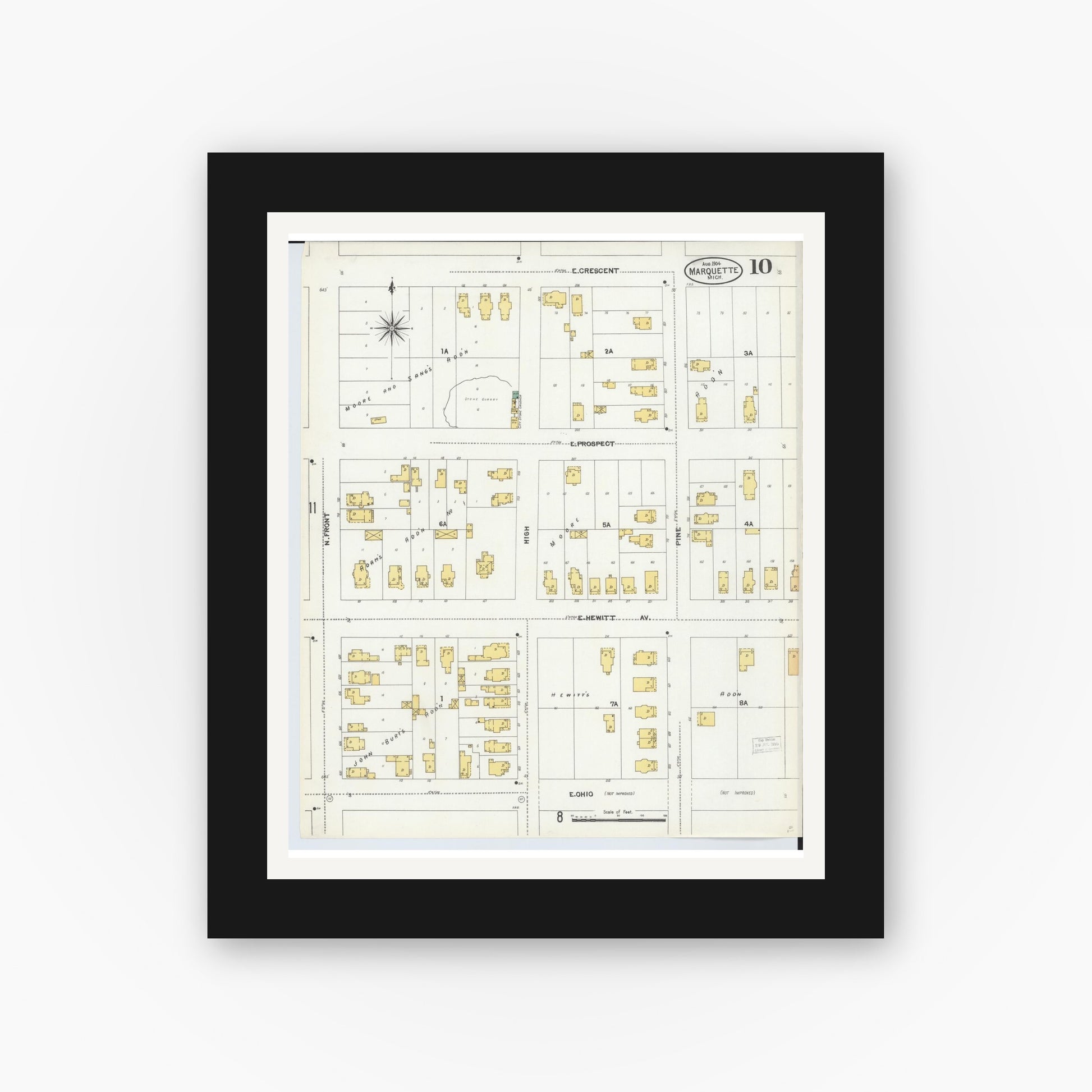 Old map wall art mockup — black gallery frame with white mat — Sanborn Fire Insurance Map from Marquette, Marquette County, Michigan (1904), Sheet #0010