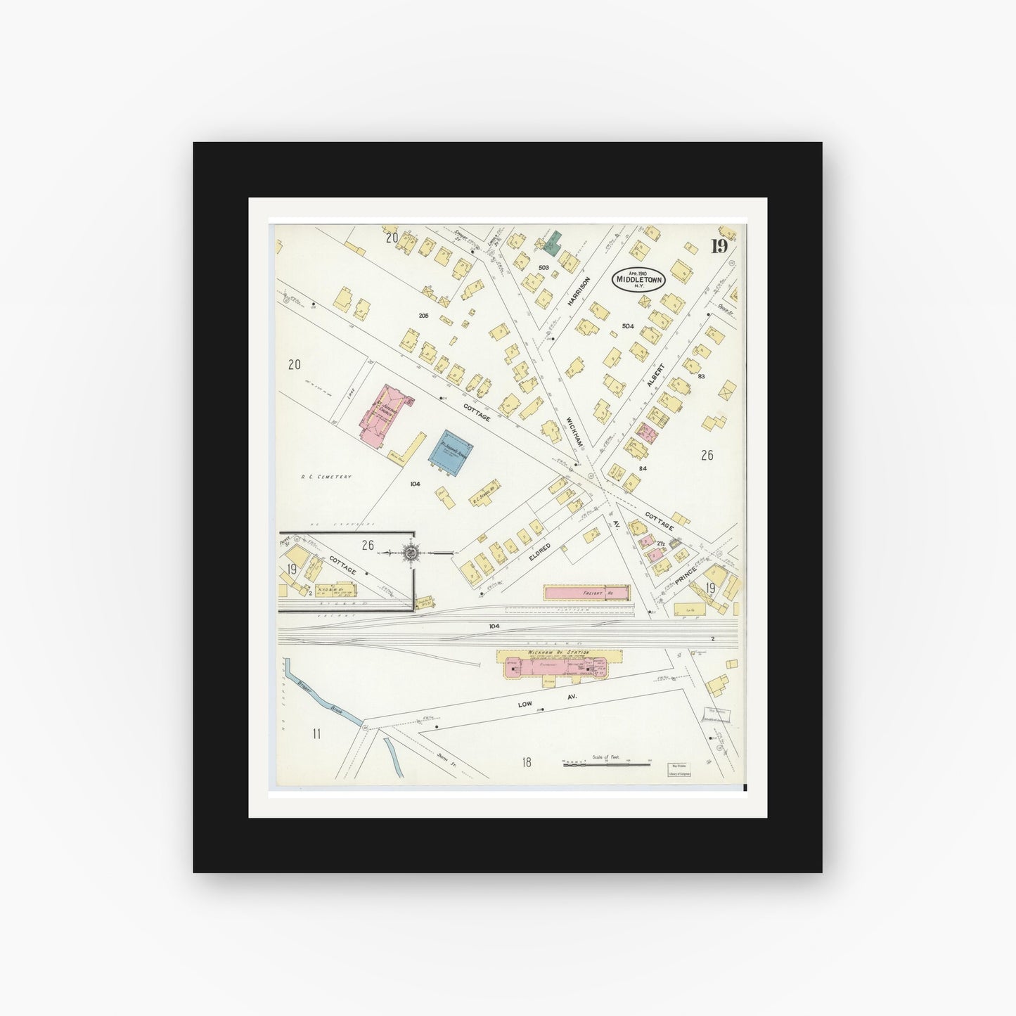 Old map wall art mockup — black gallery frame with white mat — Sanborn Fire Insurance Map from Middletown, Orange County, New York (1910), Sheet #0019