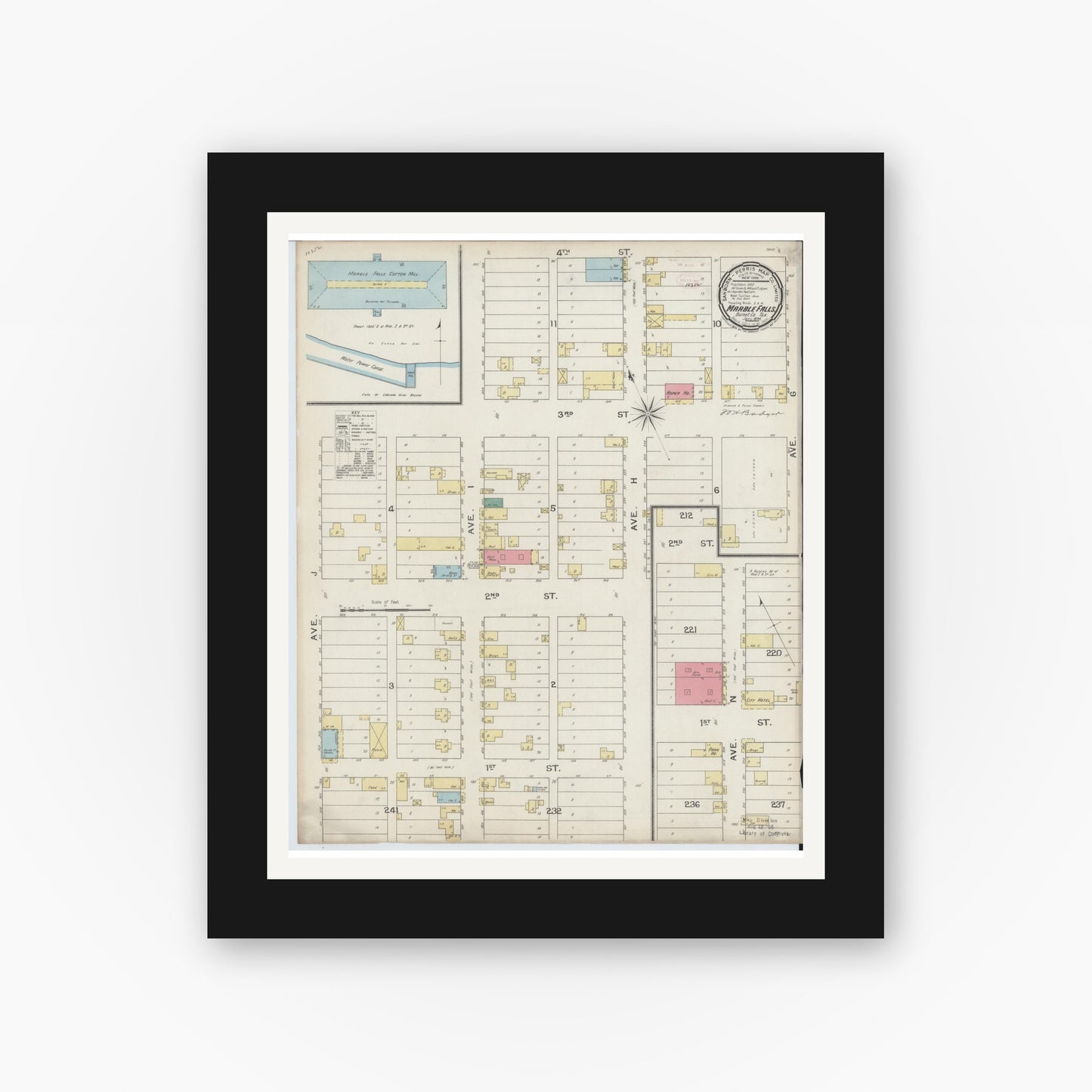 Old map wall art mockup — black gallery frame with white mat — Sanborn Fire Insurance Map from Marble Falls, Burnet County, Texas (1894), Sheet #0001