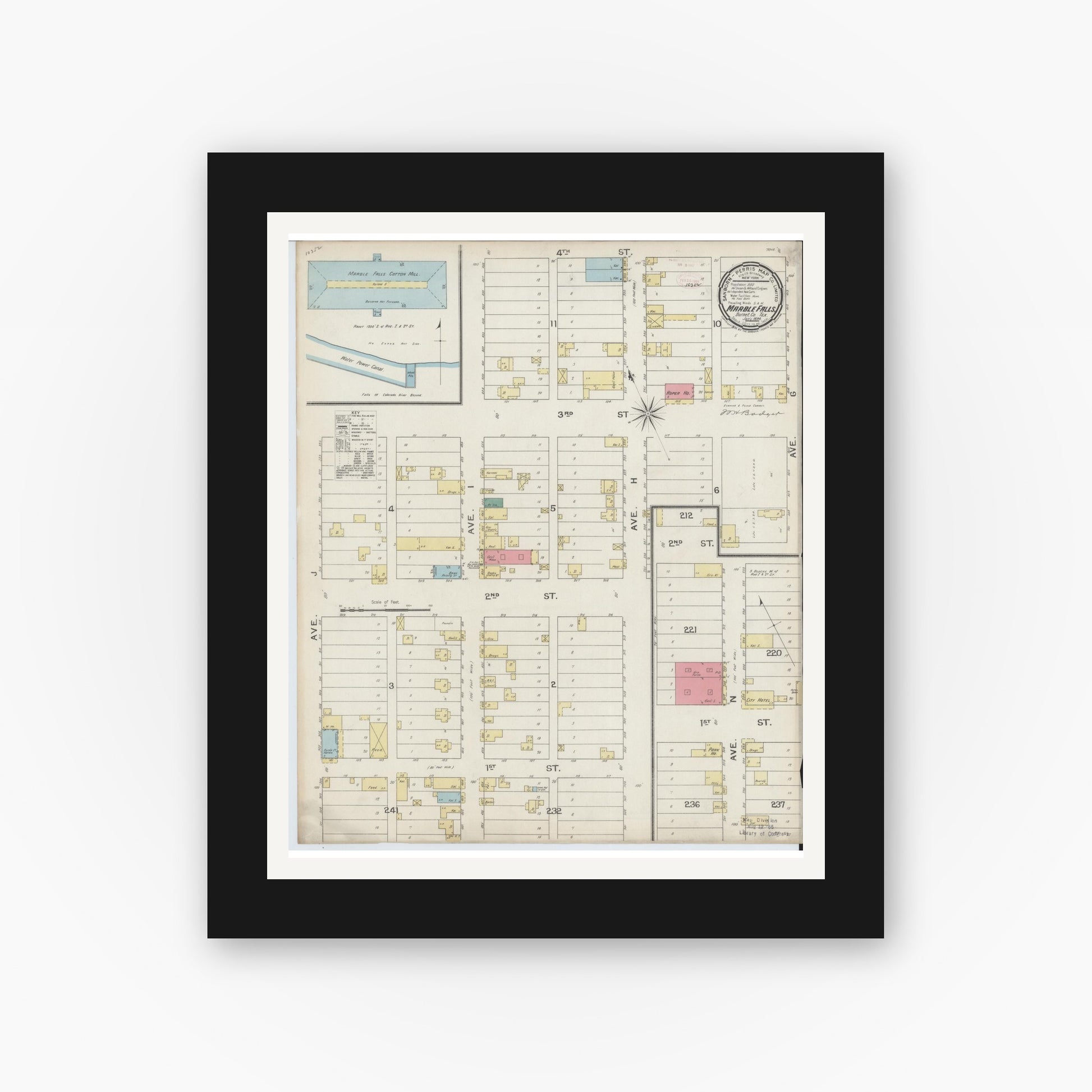 Old map wall art mockup — black gallery frame with white mat — Sanborn Fire Insurance Map from Marble Falls, Burnet County, Texas (1894), Sheet #0001