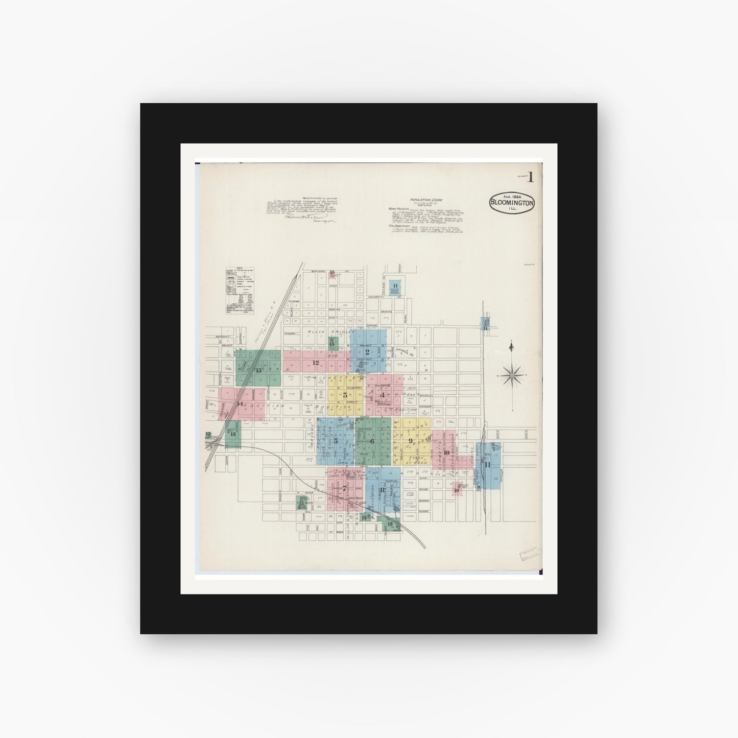 Old map wall art mockup — black gallery frame with white mat — Sanborn Fire Insurance Map from Bloomington, McLean County, Illinois (1886) - Complete Map Set