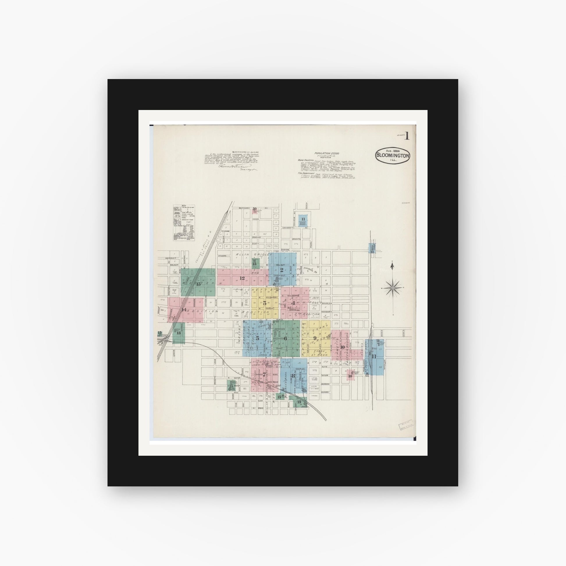 Old map wall art mockup — black gallery frame with white mat — Sanborn Fire Insurance Map from Bloomington, McLean County, Illinois (1886) - Complete Map Set