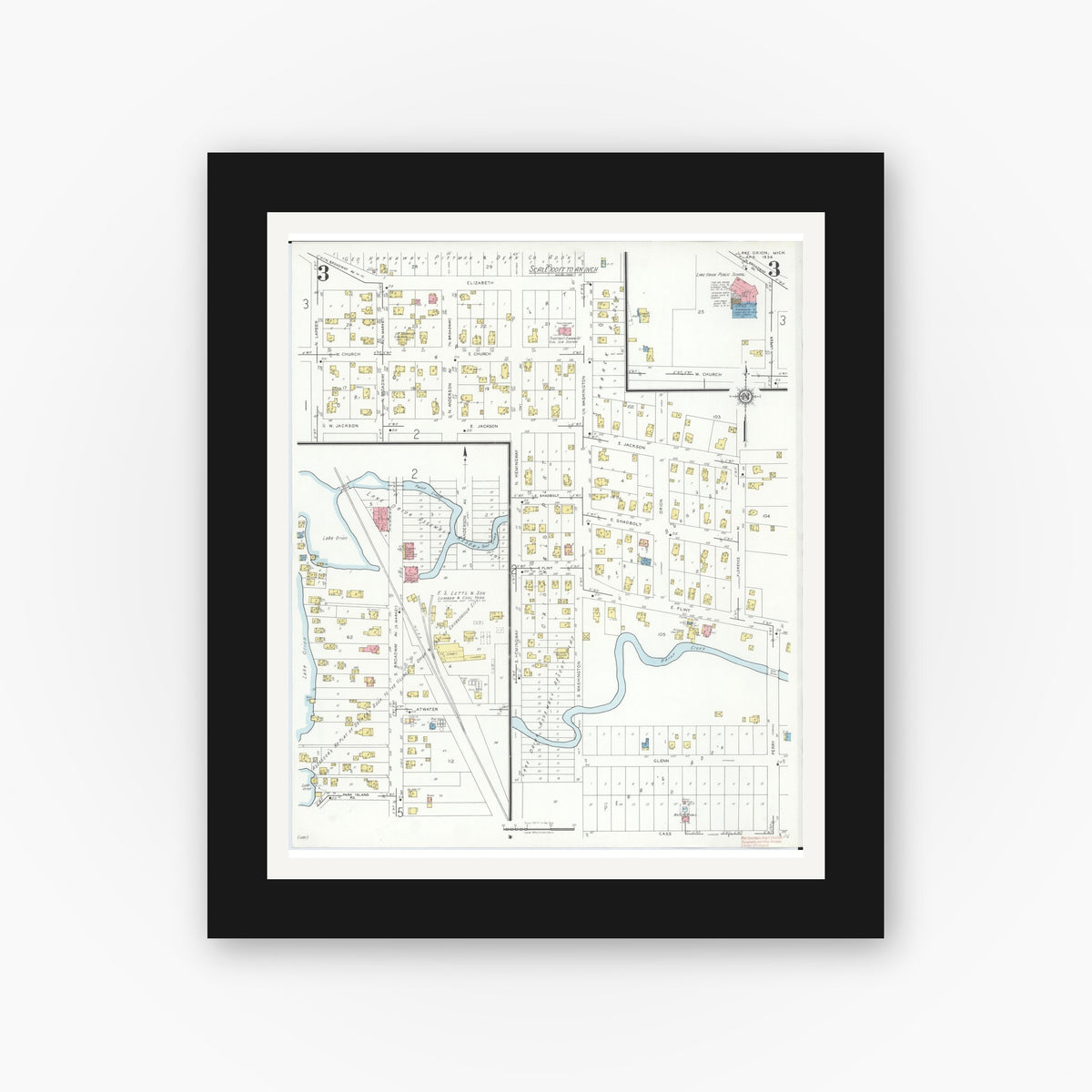Old map wall art mockup — black gallery frame with white mat — Sanborn Fire Insurance Map from Lake Orion, Oakland County, Michigan (1934), Sheet #0003
