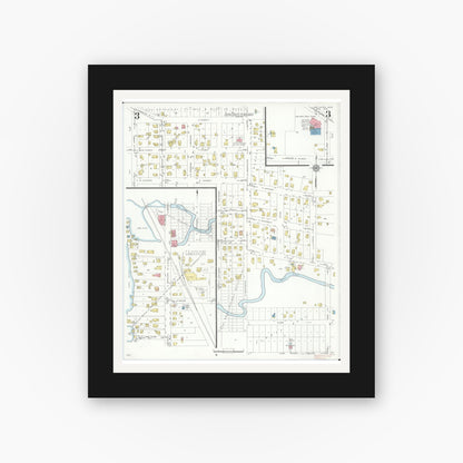 Old map wall art mockup — black gallery frame with white mat — Sanborn Fire Insurance Map from Lake Orion, Oakland County, Michigan (1934), Sheet #0003