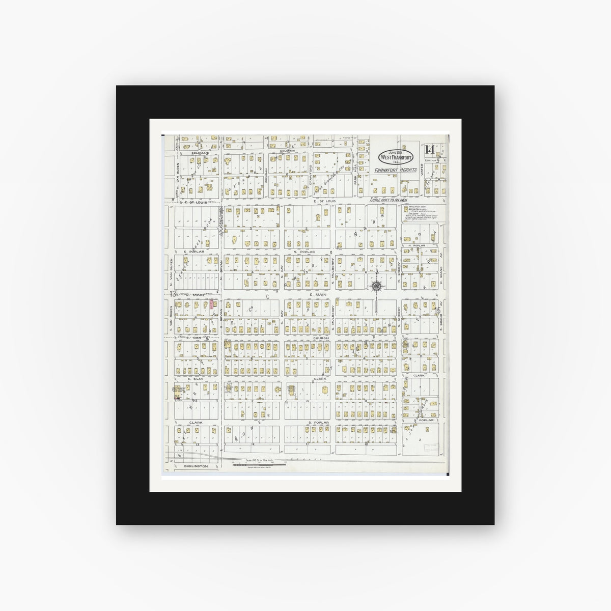 Old map wall art mockup — black gallery frame with white mat — Sanborn Fire Insurance Map from West Frankfort, Franklin County, Illinois (1919), Sheet #0014
