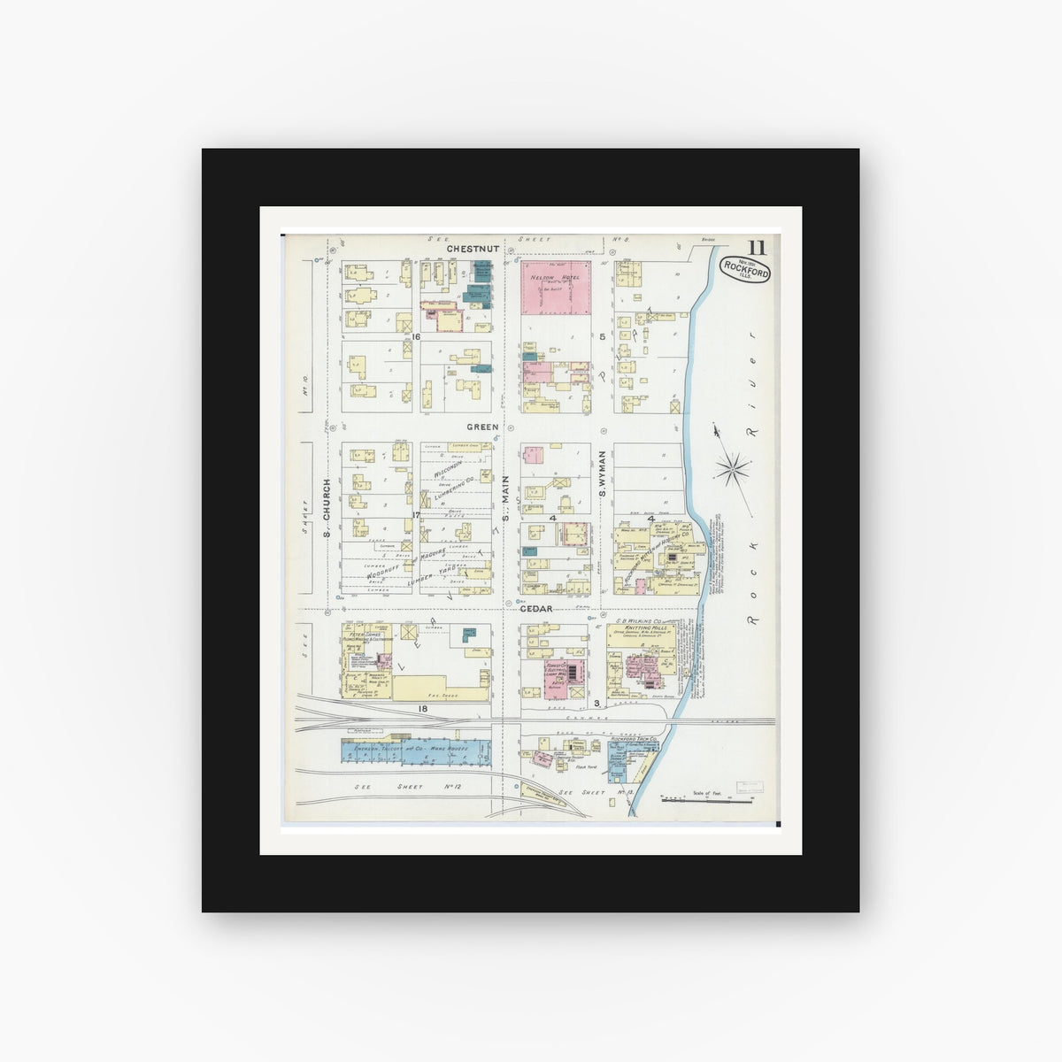 Old map wall art mockup — black gallery frame with white mat — Sanborn Fire Insurance Map from Rockford, Winnebago County, Illinois (1891), Sheet #0011