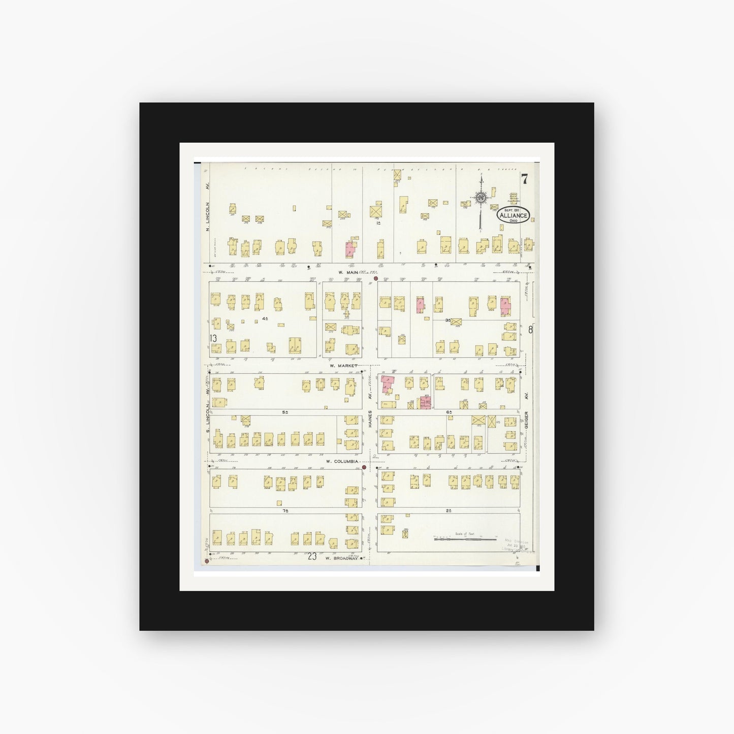 Old map wall art mockup — black gallery frame with white mat — Sanborn Fire Insurance Map from Alliance, Stark County, Ohio (1911), Sheet #0007