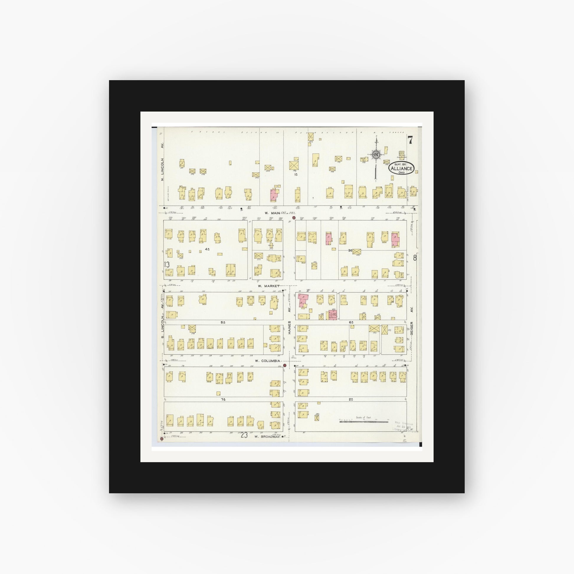 Old map wall art mockup — black gallery frame with white mat — Sanborn Fire Insurance Map from Alliance, Stark County, Ohio (1911), Sheet #0007