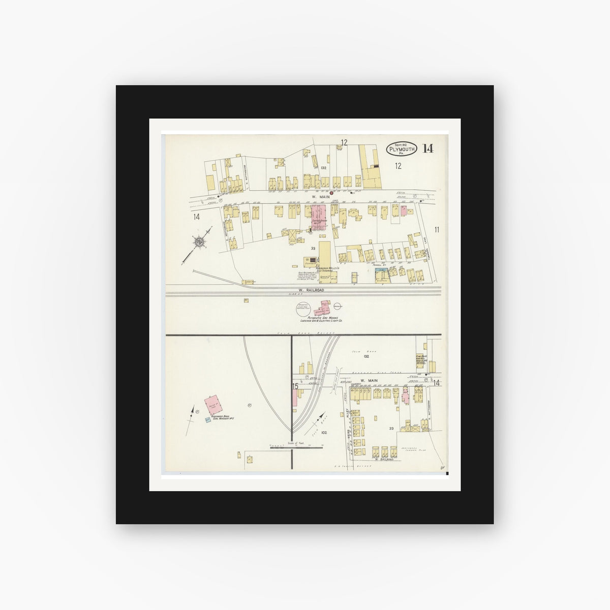 Old map wall art mockup — black gallery frame with white mat — Sanborn Fire Insurance Map from Plymouth, Luzerne County, Pennsylvania (1912), Sheet #0014