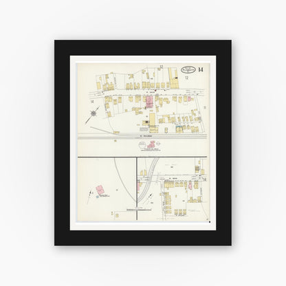 Old map wall art mockup — black gallery frame with white mat — Sanborn Fire Insurance Map from Plymouth, Luzerne County, Pennsylvania (1912), Sheet #0014