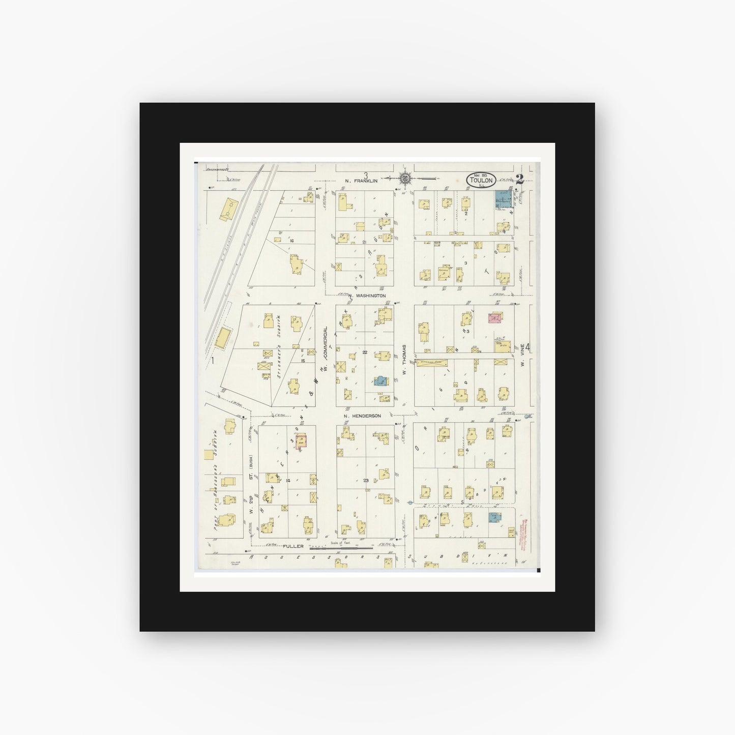 Old map wall art mockup — black gallery frame with white mat — Sanborn Fire Insurance Map from Toulon, Stark County, Illinois (1913), Sheet #0002