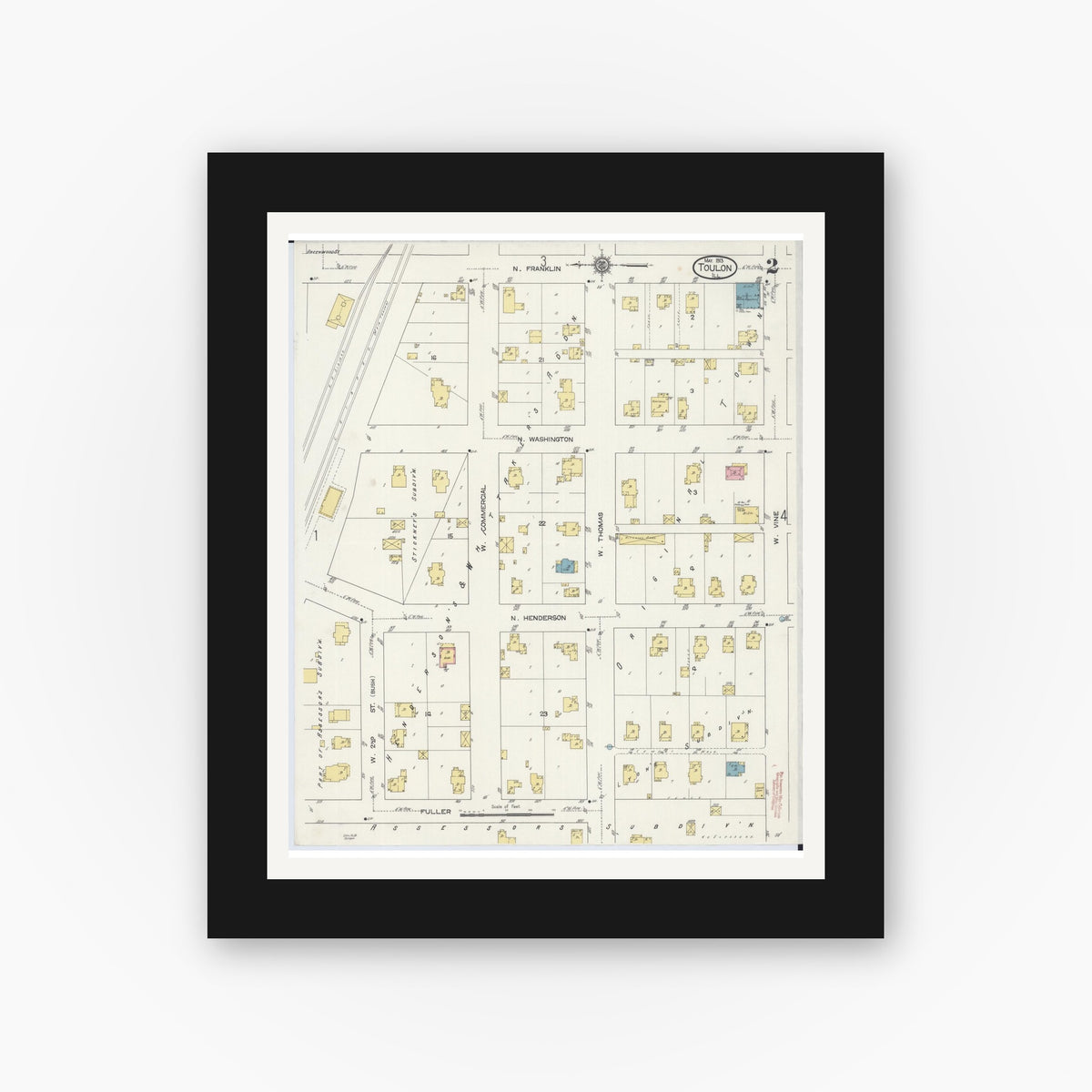 Old map wall art mockup — black gallery frame with white mat — Sanborn Fire Insurance Map from Toulon, Stark County, Illinois (1913), Sheet #0002