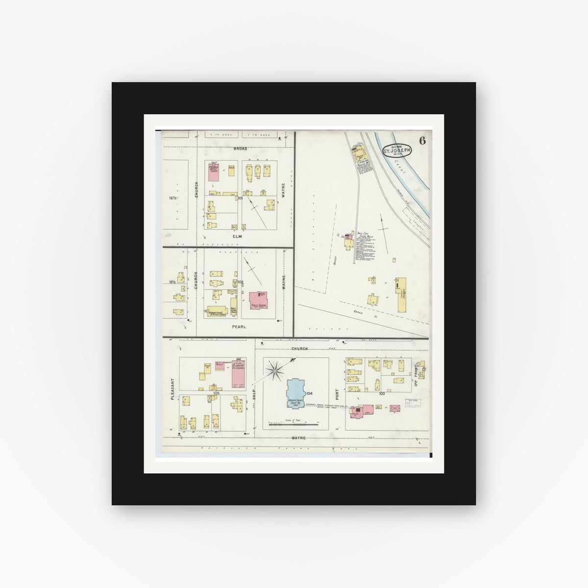 Old map wall art mockup — black gallery frame with white mat — Sanborn Fire Insurance Map from Saint Joseph, Berrien County, Michigan (1896), Sheet #0006