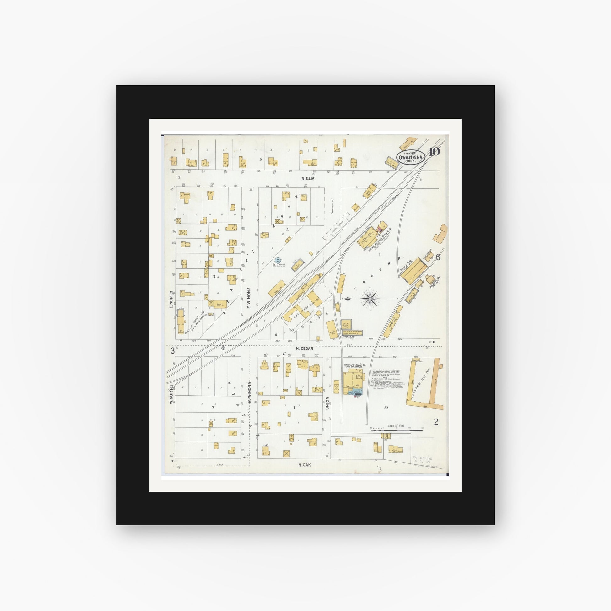 Old map wall art mockup — black gallery frame with white mat — Sanborn Fire Insurance Map from Owatonna, Steele County, Minnesota (1900), Sheet #0010