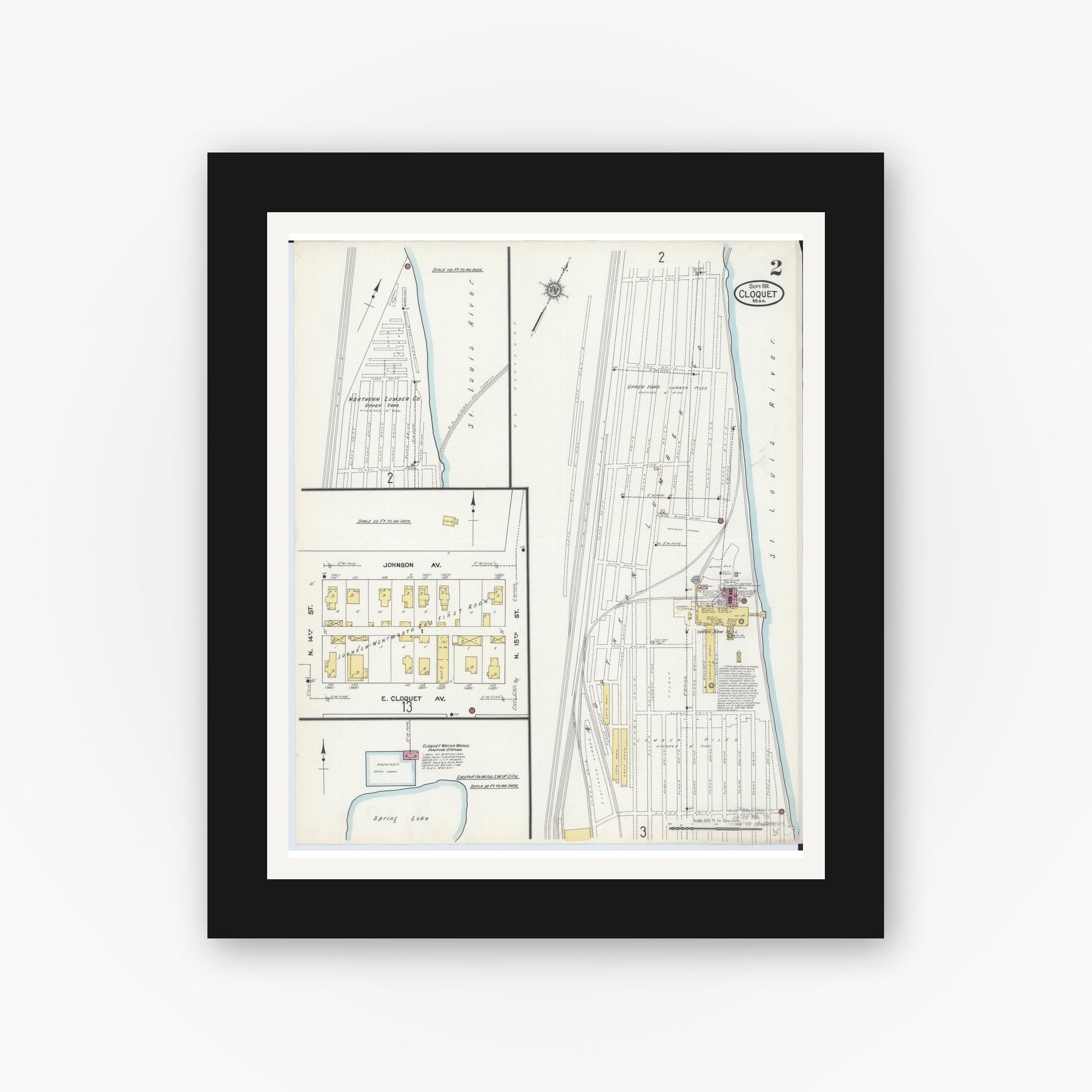 Old map wall art mockup — black gallery frame with white mat — Sanborn Fire Insurance Map from Cloquet, Carlton County, Minnesota (1911), Sheet #0002
