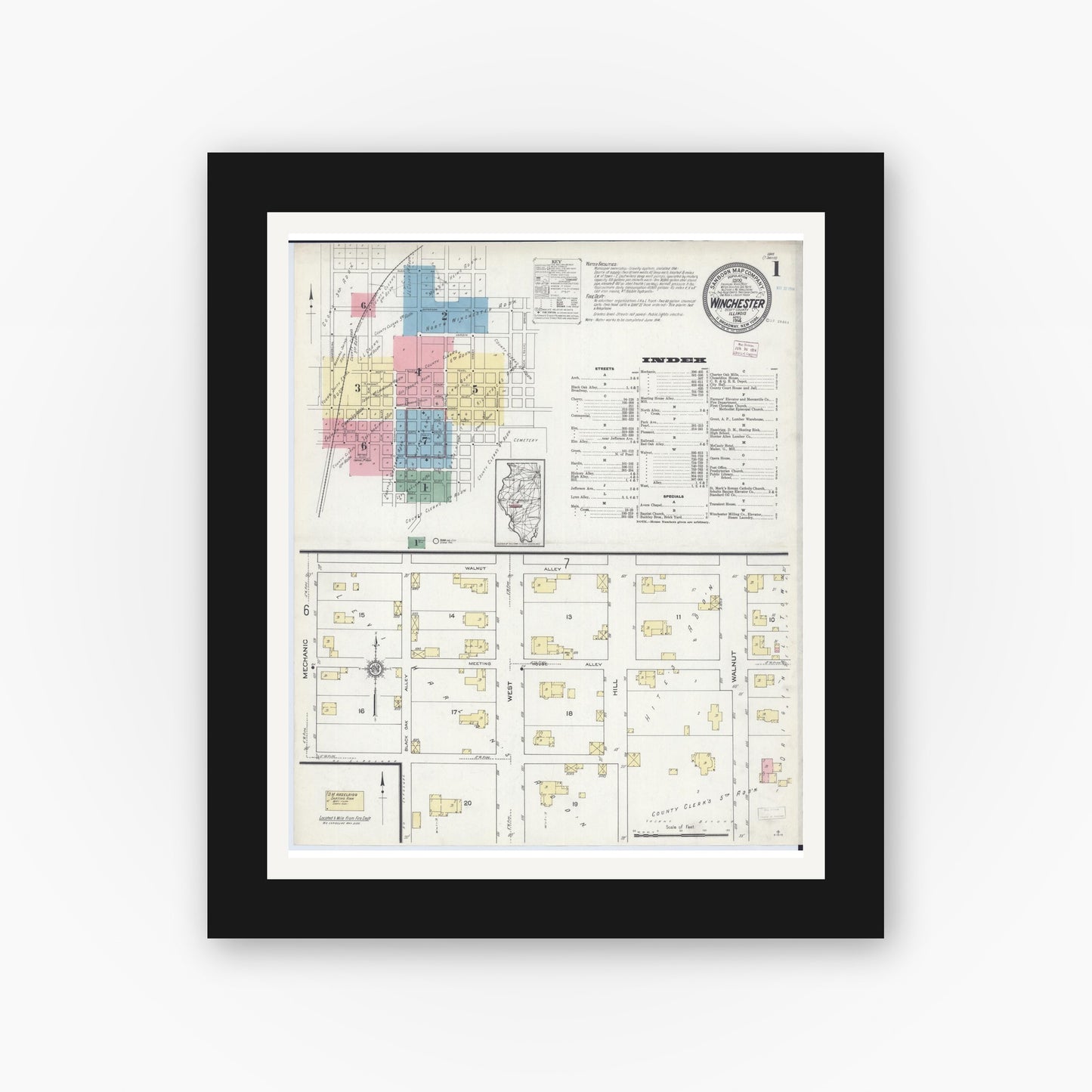 Old map wall art mockup — black gallery frame with white mat — Sanborn Fire Insurance Map from Winchester, Scott County, Illinois (1914), Sheet #0001