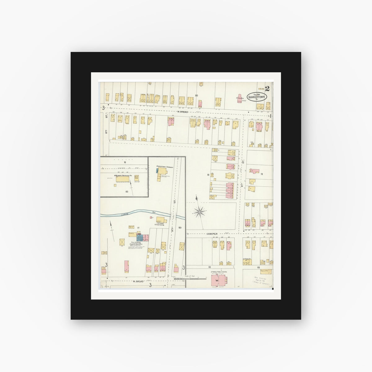 Old map wall art mockup — black gallery frame with white mat — Sanborn Fire Insurance Map from Quakertown, Bucks County, Pennsylvania (1904), Sheet #0002