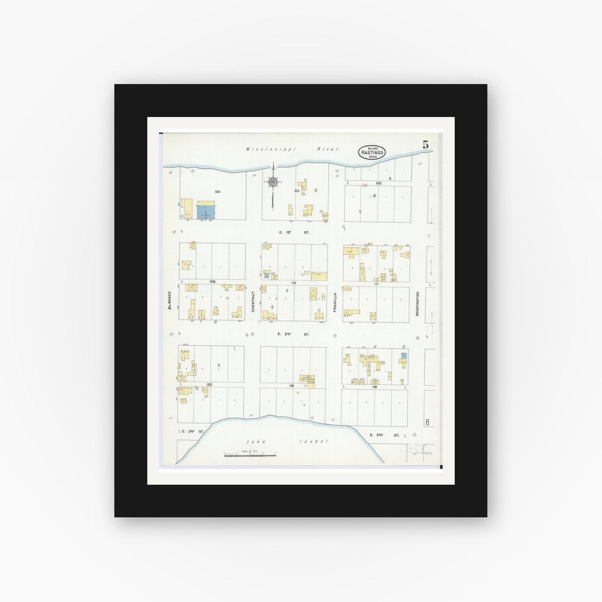Old map wall art mockup — black gallery frame with white mat — Sanborn Fire Insurance Map from Hastings, Dakota County, Minnesota (1910), Sheet #0005