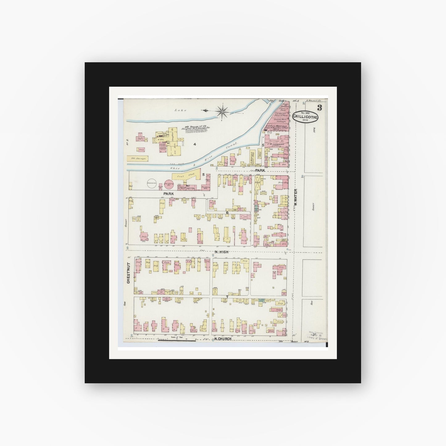 Old map wall art mockup — black gallery frame with white mat — Sanborn Fire Insurance Map from Chillicothe, Ross County, Ohio (1890), Sheet #0003