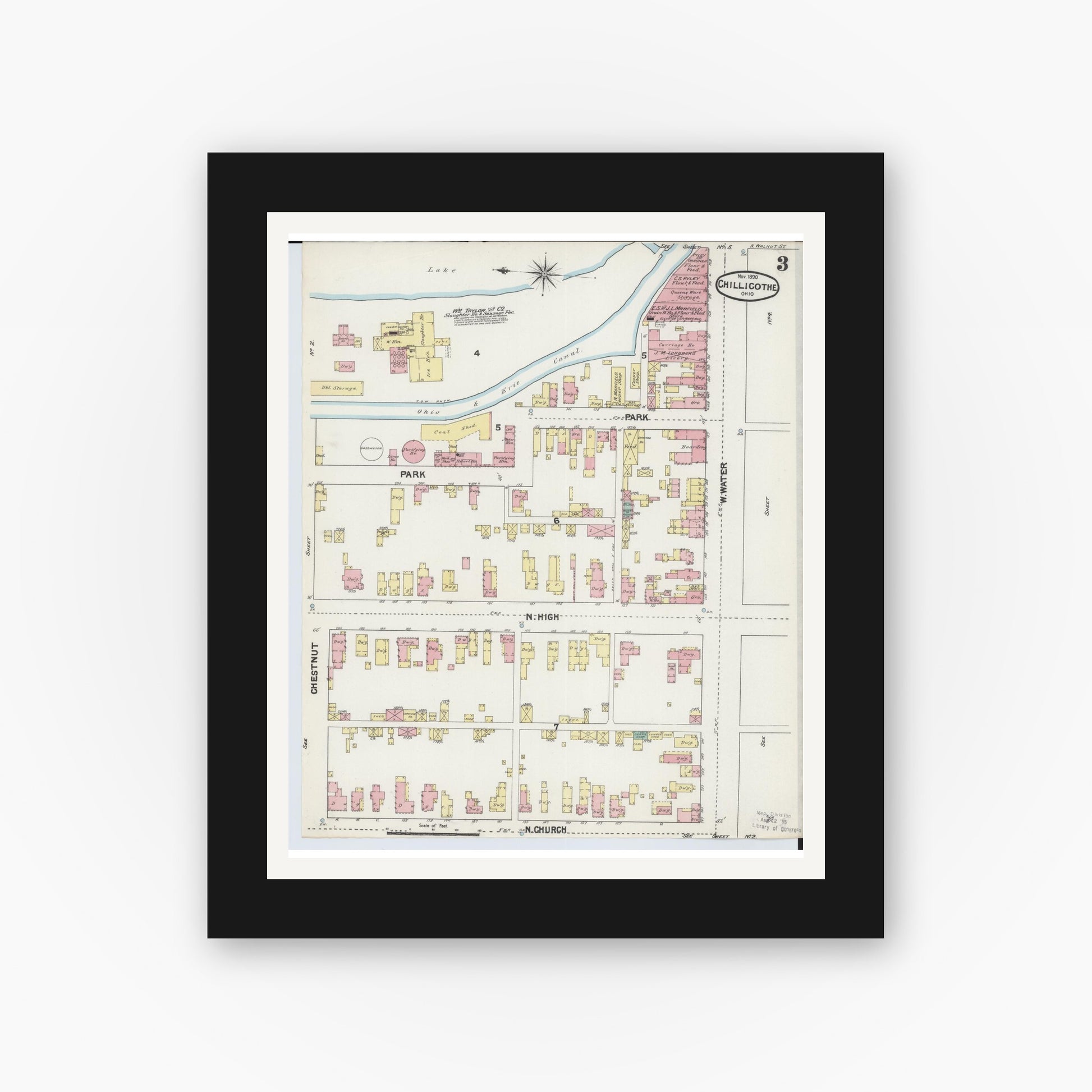 Old map wall art mockup — black gallery frame with white mat — Sanborn Fire Insurance Map from Chillicothe, Ross County, Ohio (1890), Sheet #0003