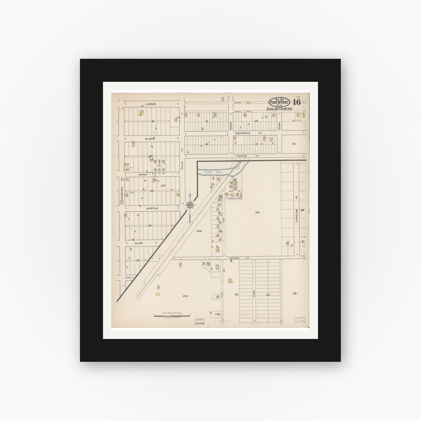 Old map wall art mockup — black gallery frame with white mat — Sanborn Fire Insurance Map from Fort Myers, Lee County, Florida (1922), Sheet #0016