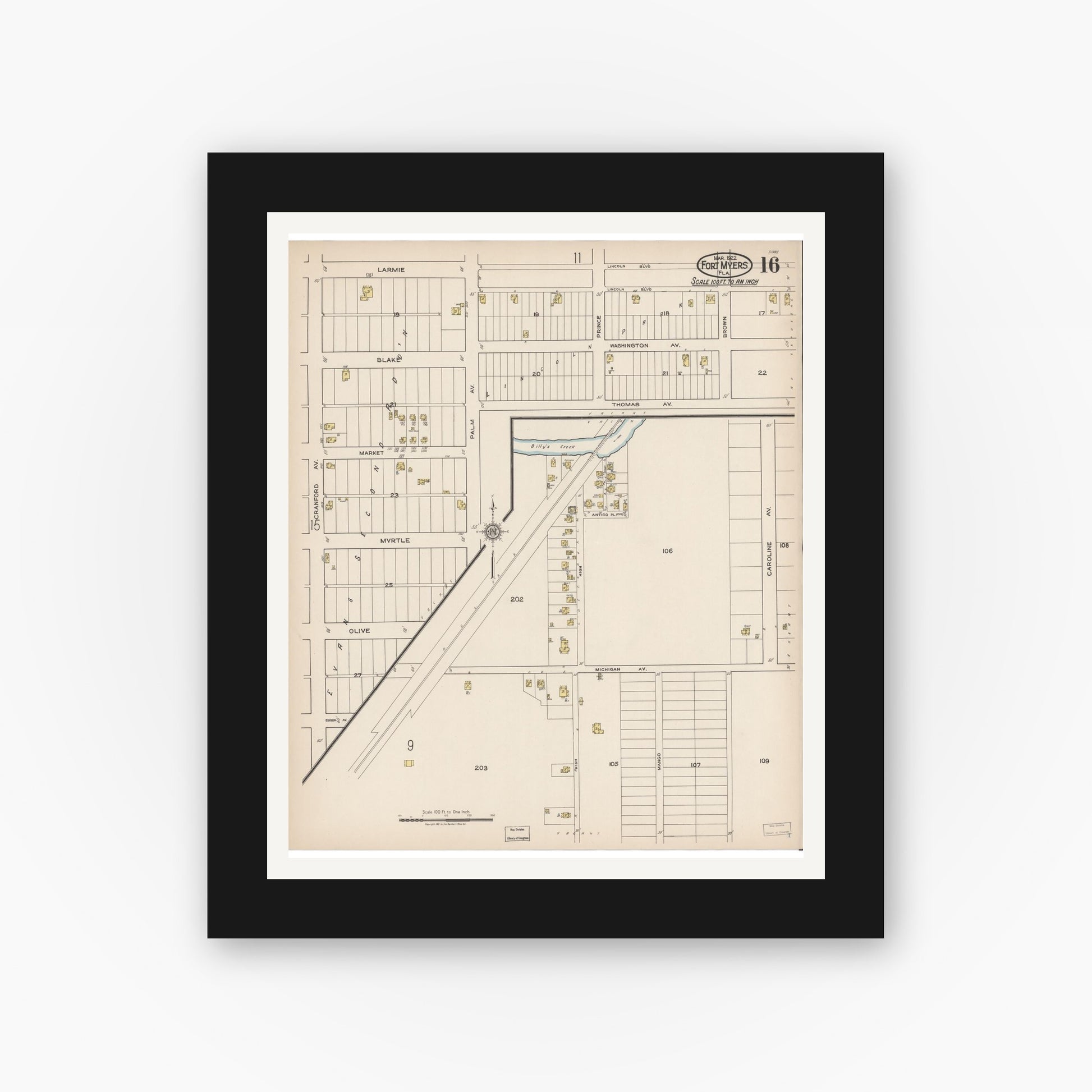 Old map wall art mockup — black gallery frame with white mat — Sanborn Fire Insurance Map from Fort Myers, Lee County, Florida (1922), Sheet #0016